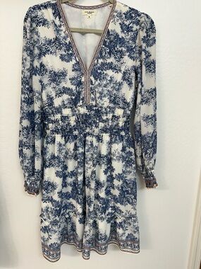Max Studio Blue and White Floral Long Sleeve Smocked Dress